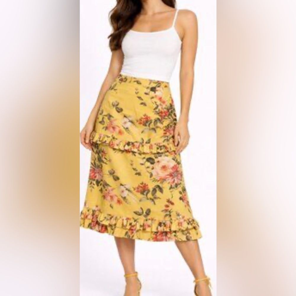 ANTONIO MELANI Yellow Floral Ruffle-Trim Midi Skirt size 0 cottagecore romantic